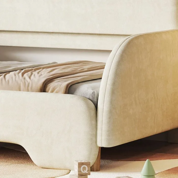 Lit enfant rembourré 140x200cm en velours - lit gigogne avec tête de lit en forme d'ours et sommier à lattes - Beige-2