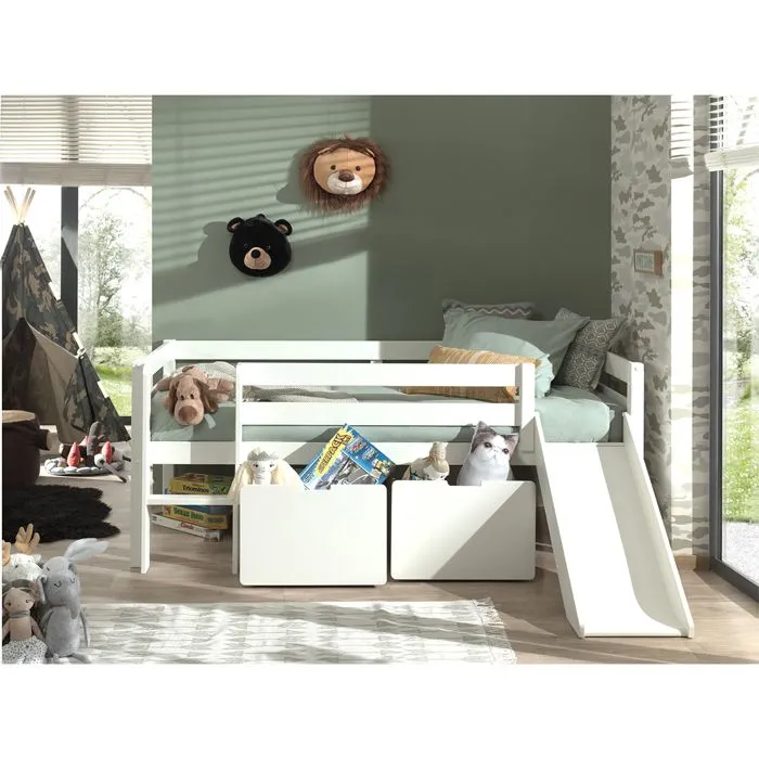 Lit mi-hauteur Pino avec toboggan + 2 tiroirs 90x200 cm - Vipack - Bois de pin massif - Gris-4