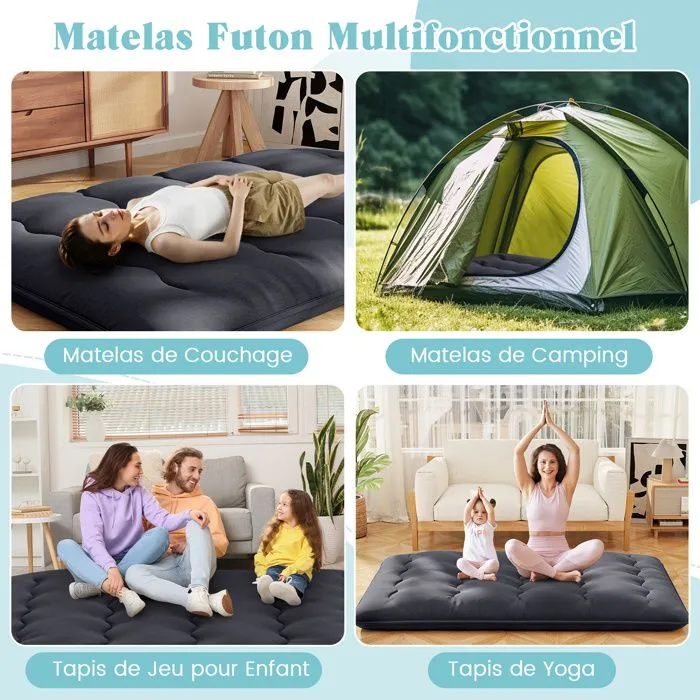 COSTWAY Matelas Futon 140 x 200 CM, Surmatelas Amovible Lavable, Matelas de Sol Portable avec Sac de Transport pour Camping, Noir-1
