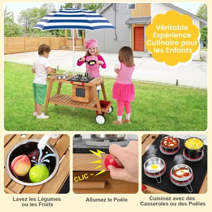 COSTWAY Marchande Enfant avec 6 Accessoires-Voiture Restaurant avec Parasol pour Vendeurs Ambulants Bois 114x48x66CM, Rayures Bleues-2