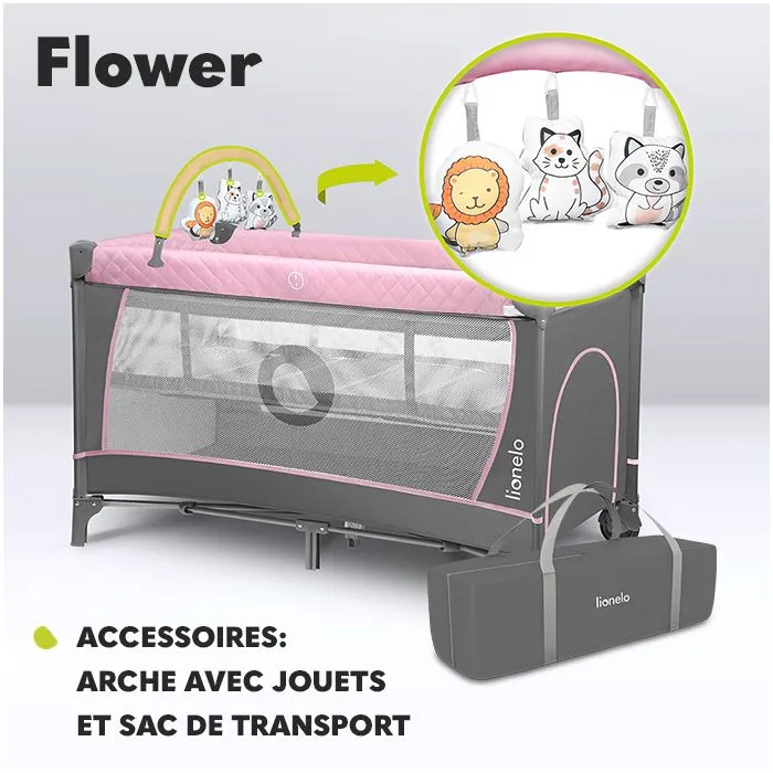 Lit parapluie compact 3en1 LIONELO Flower - Parc bébé - 0-36 mois - Sac de Transport - Pliage Rapide - Roulettes - Rose-4
