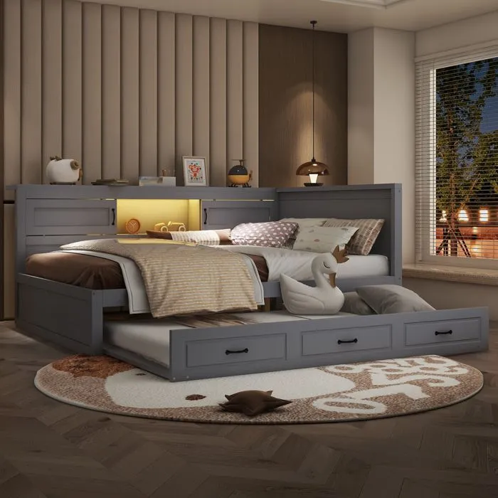 Lit gigogne 140x200cm+90x190cm - lit méridienne avec sommier à lattes, espace de rangement, LED et port USB - Bois Gris-4