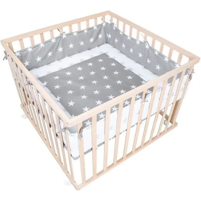 ROBA Parc Bébé 100 x 100 cm Mobile en Bois Massif Bio + Tour de Parc Gris Étoilé - Hauteur Réglable - Naturel-0