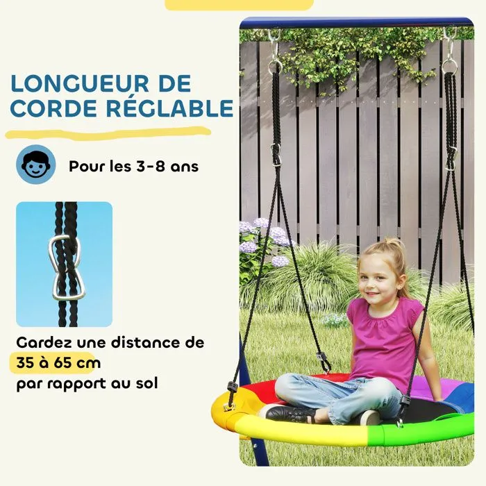 Portique balancoire exterieur - AIYAPLAY - 6 en 1 - 3 balançoires, panier de basket, échelle d'escalade et filet - multicolore-5