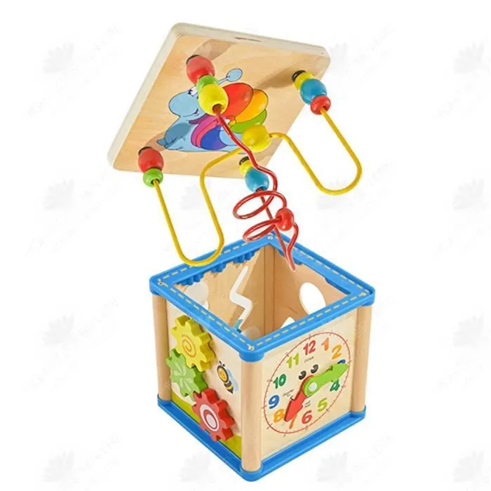 HTBE® Horloge en bois multi-fonction perlée boîte au trésor 1-6 ans quatre faces jeu d'éducation précoce pour enfants boîte perlée-0