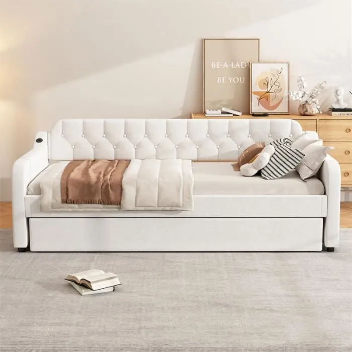 Canapé lit extensible - Beige - 90x200cm - Port USB - Design contemporain - 2/3 places-1