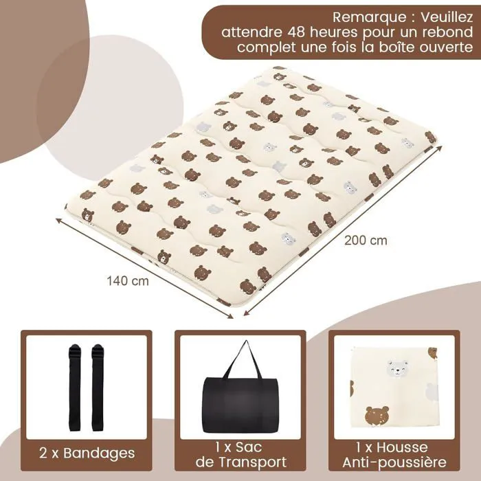COSTWAY Matelas Futon Japonais 140x200CM - Surmatelas Amovible, Matelas de Sol Pliable - Maison, Camping-car, Dortoir - Ours Brun-3