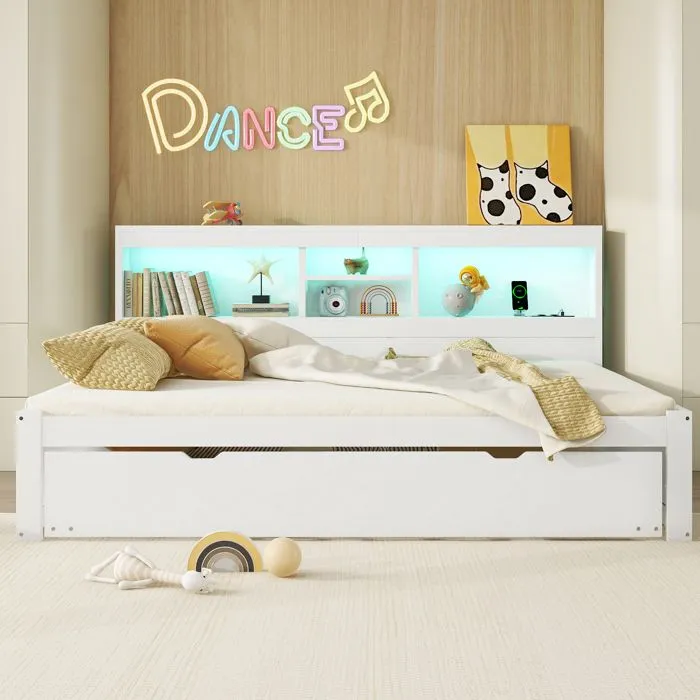 Lit gigogne - Blanc - 140x200cm + 90x190cm - LED, USB, rangement - sans matelas-1