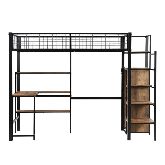 Lit mezzanine - Noir - 90x200cm - Métal - 3 étagères - Armoire intégrée-1