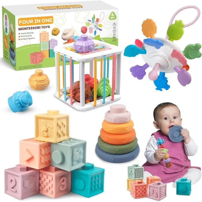 Bebeboutik Jeux de Bebe Montessori 6 mois 3 ans 4 en 1 Anneaux Empilables en Cube Souple Jeux de Corde a Tirer Jouets educatifs Sensoriel