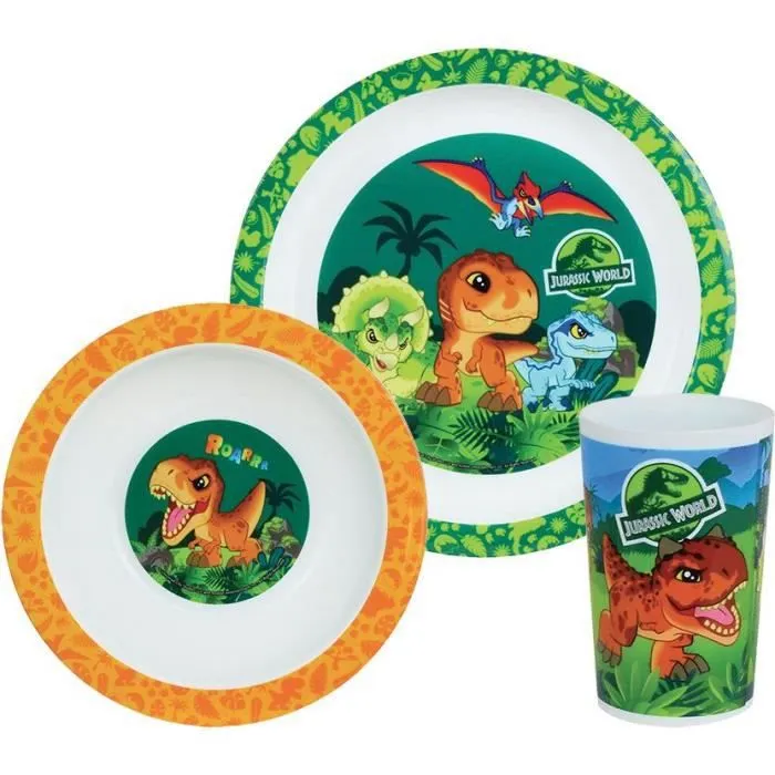 FUN HOUSE Jurassic Ensemble repas dinosaures avec une assiette ø 22 cm, une assiette creuse ø 16 cm et un verre 220 ml - Pour-2