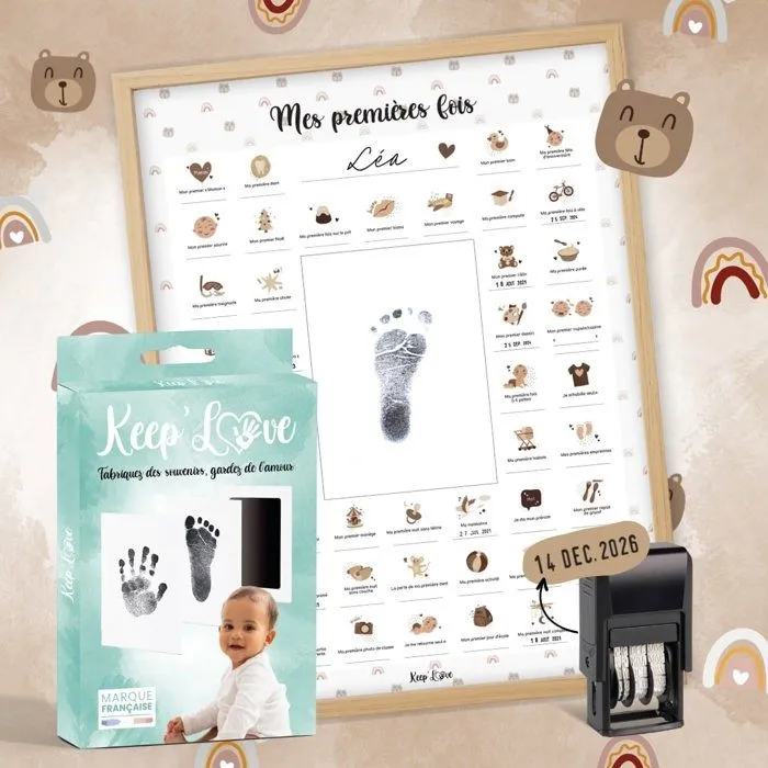 Affiche Mes Premières Fois à tamponner - Pack : Affiche A3 + Tampon dateur + Kit d’Empreintes + Cadre Photo Beige (Modèle Ourson)-0