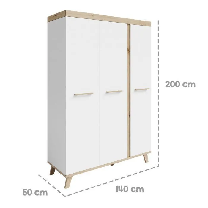 ROBA Armoire Bébé 3 Portes Battantes Smile - avec 1 Penderie et 6 Étagères - Garde-Robe Bébé - Blanc / Chêne Artisan-2