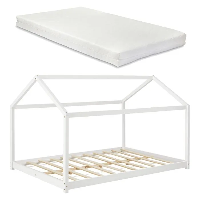Lit d'Enfant Forme Maison Cerro avec Matelas Mousse à Froid 120 x 200 cm Blanc [en.casa]-1