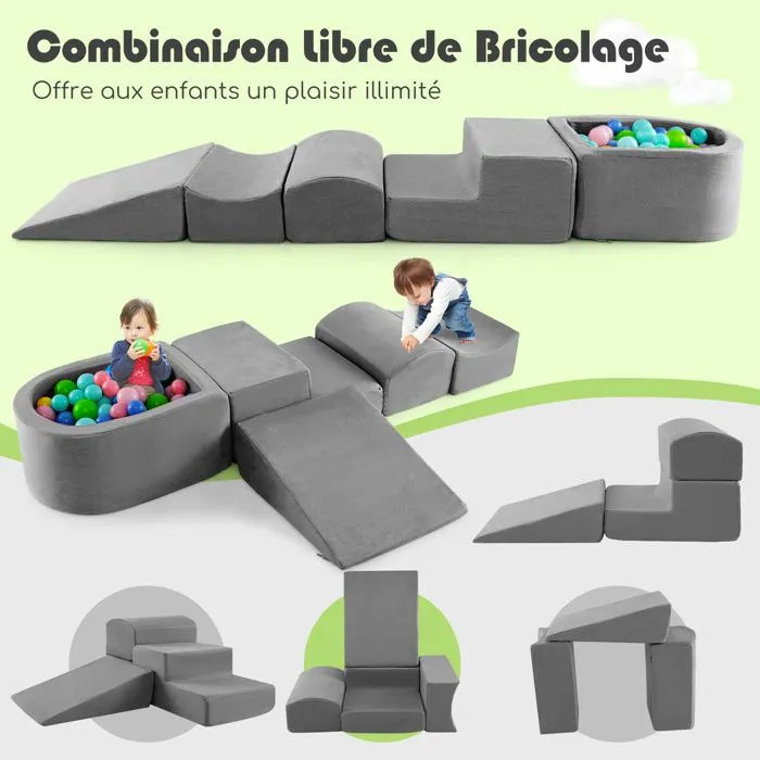 Blocs de Construction en Mousse COSTWAY-pour Enfants de 3+ ans-5 Pièces-Housses Lavables en Machine avec Fermetures Eclair-Gris-1