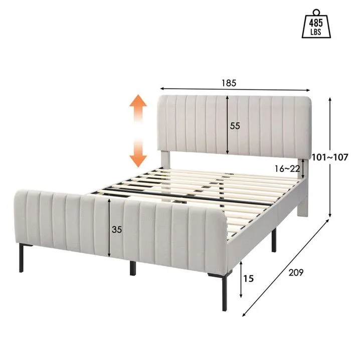 Lit simple enfant 90x200 cm, sommier à lattes, tête de lit réglable, tissu en lin, beige-3