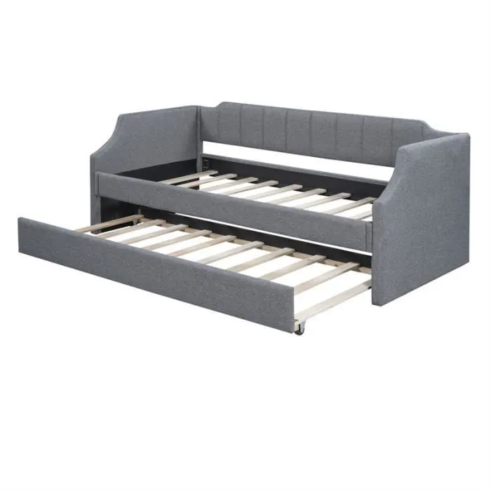 Lit gigogne 90x200cm-180x190cm, lit simple rembourré à roulettes Canapé-lit extensible avec sommiers à lattes en bois - Gris-2