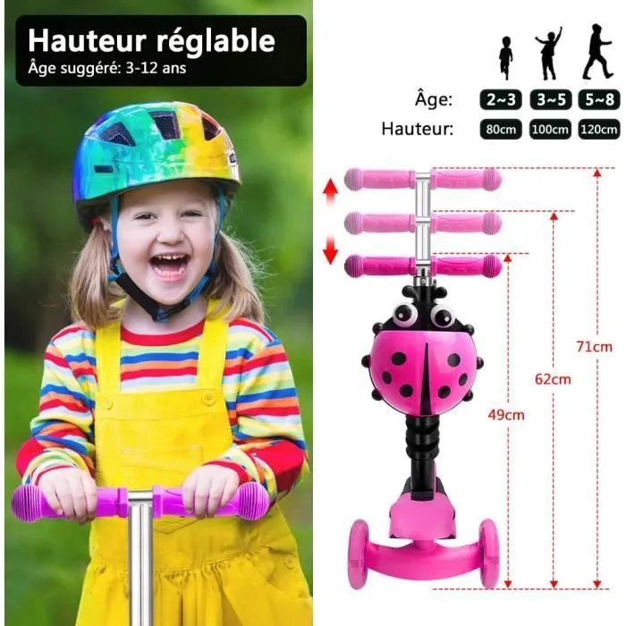 Trottinette à 3 Roues pour Enfant YOLEO - Rose - Réglable en Hauteur - 2-6 Ans - 60 kg-3