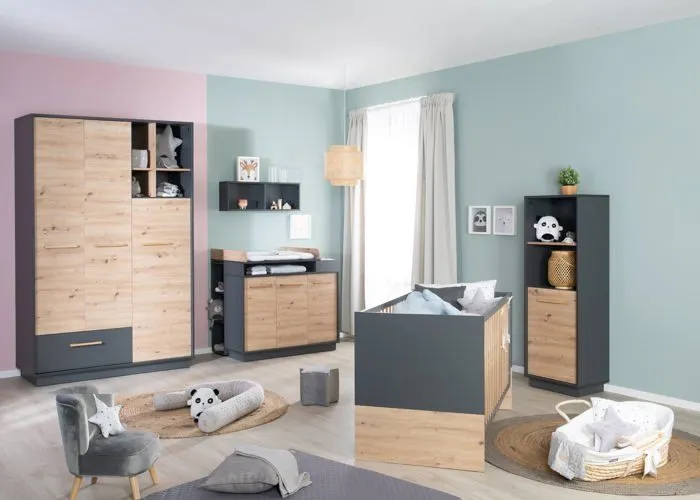 Armoire Bébé 3 Portes Lenn - ROBA - Anthracite / Chêne Artisan - Élégance et Praticité-4