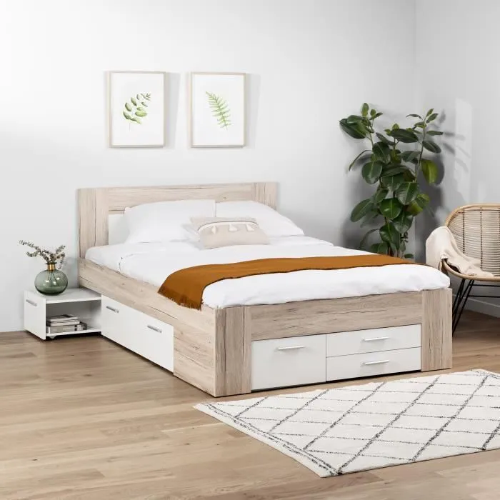 UDINE Lit adulte contemporain décor chêne cendré et blanc mat - l 140 x L 200 cm-0