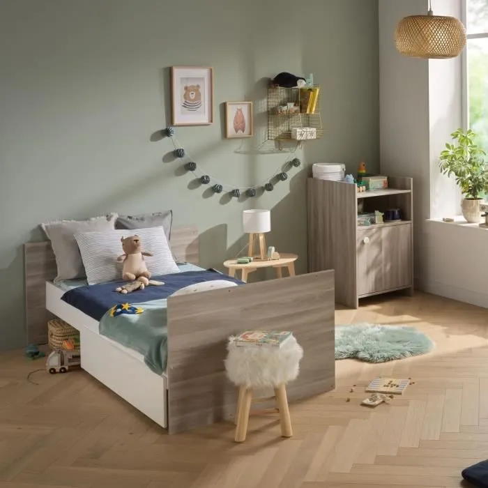 Lit bébé combiné - 120x60cm - Evolutif en 90x190cm - Babyprice Up - Chêne - Avec commode à langer 1 porte-2