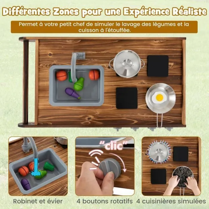 Cuisine Enfants en Bois de Sapin COSTWAY avec Roues et Poignée de Poussée,Boutons Réalistes avec Poêle,Casserole et Couvercle-1