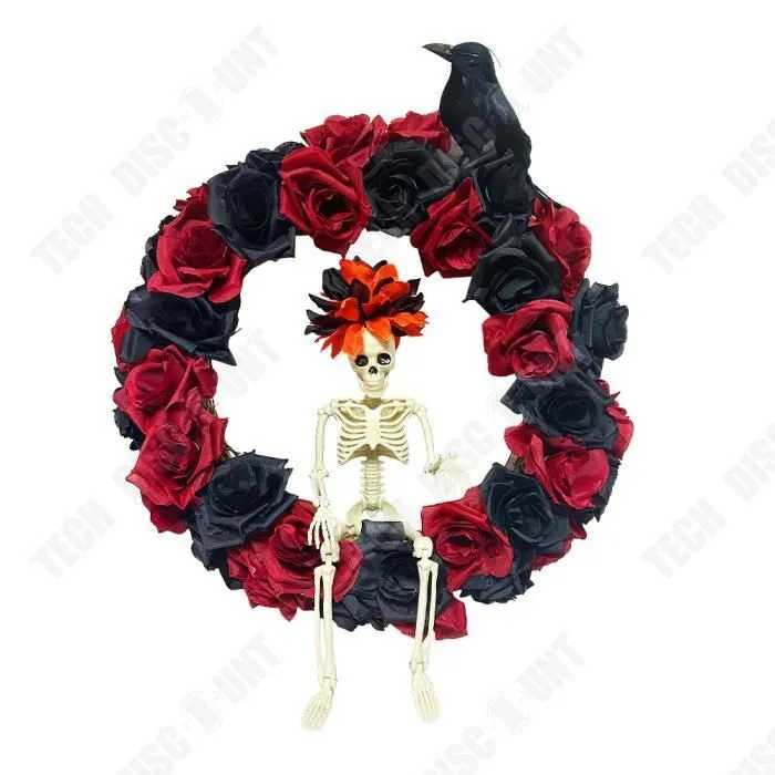 TD® Couronne de Squelette Halloween 43*43cm Squelette Squelette Décoration de fête d'Halloween Suspension de porte Halloween-0