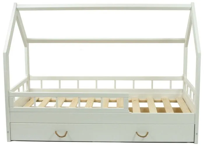Lit enfant Maison scandinave en bois naturel avec Tiroir, Barrières de Sécurité (160x80cm) : Confort et Protection Réunis - Blanc-0