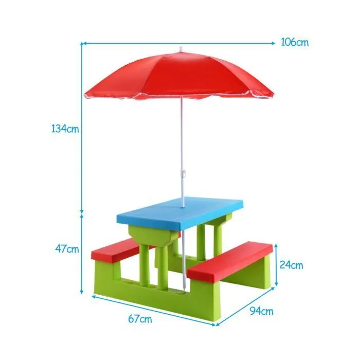 COSTWAY Salon de Jardin pour Enfant Table et 2 Bancs avec Parasol pour Pique-nique Jusqu'à 4 Enfants Vert+Rouge+Bleu-3