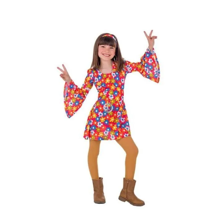 Déguisement Hippie Fille - DisfraZZes - Années 70 avec Fleurs - Bandeau et Robe-0
