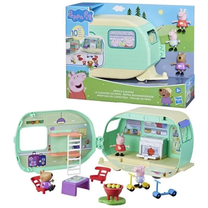Peppa Pig, La caravane de Peppa avec 3 figurines et 6 accessoires, jouets préscolaires pour filles et garçons, à partir de 3 ans-3