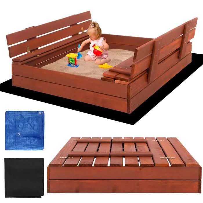 Bac à sable - SPRINGOS® - 100x100 cm - Bois résineux - Couverture géotextile - Bancs intégrés-0
