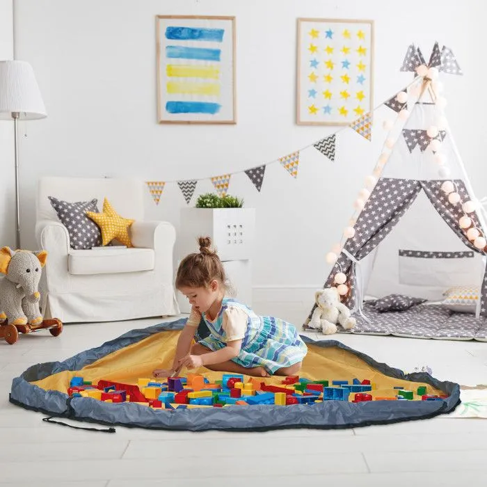 Relaxdays Sac de rangement avec couverture de jeu, stockage jouets, enfants, chambre rangée, HxD 30x32 cm, gris-orange-2