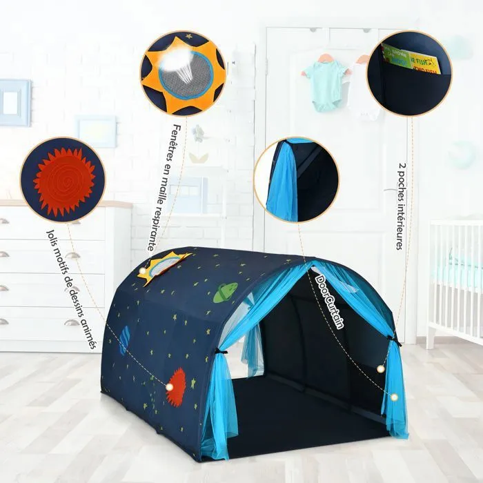 Tente de Jeu Enfants COSTWAY-Tente Tunnel Active-Fenêtre-Rideau à Double Filet-Poche de Stockage-Sac de Transport-144x102x82 CM-Bleu-4