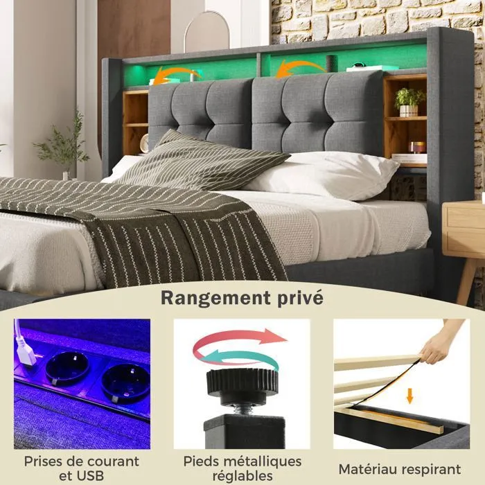 Lit adulte 160x200 cm - Tête de lit avec rangement , LED et ports USB - Sommier inclus - Gris-4