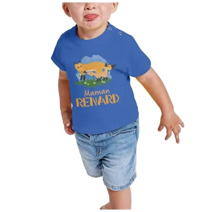 T-shirt Bébé Manche Courte Bleu Maman Renard et son Bébé Renard Dessin Illustration-1