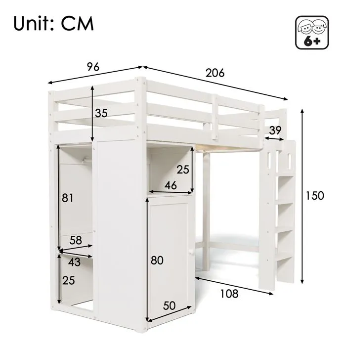 Lit mezzanine - Non spécifié - 90x200cm - Bois de pin - Blanc - 1 place - Style moderne-3