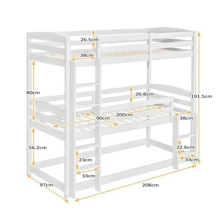 Lit superposé triples 3 x ( 90x200) cm  en bois - sommier lattes - blanc-3