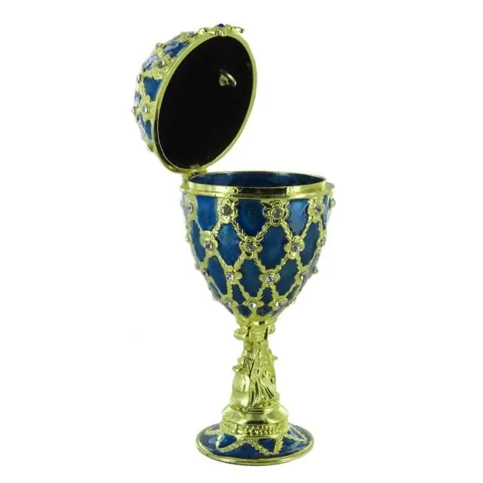 Oeuf écrin musical de style Fabergé avec dorures et fausses perles. Oeuf musical bleu pour Pâques - Le Beau Danube Bleu (Strauss)-1