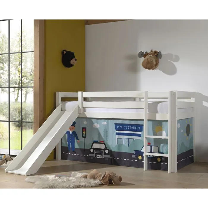 Lit mezzanine avec toboggan et rideau de lit Police - Vipack - Pino - Bois massif - Blanc - 1 place - 90x200 cm-0