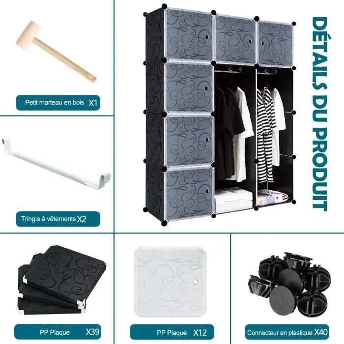Armoire de Chambre en Plastique LZQ - 12 Cubes - Noir avec Motif-1
