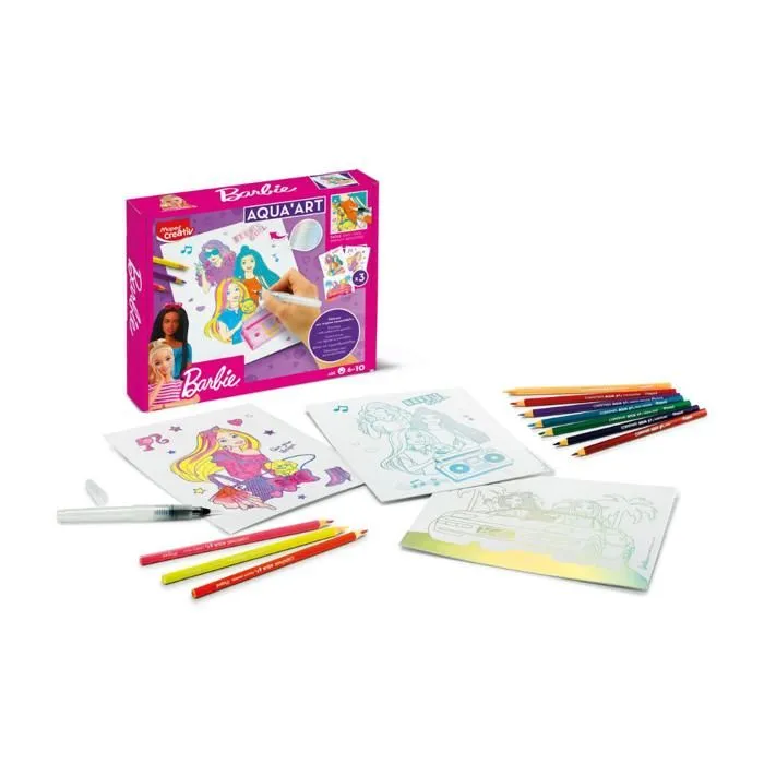 Aquarelles pour enfants - Maped Creativ - Barbie - Crayons aquarellables - Pinceau à eau - 3 affiches-1