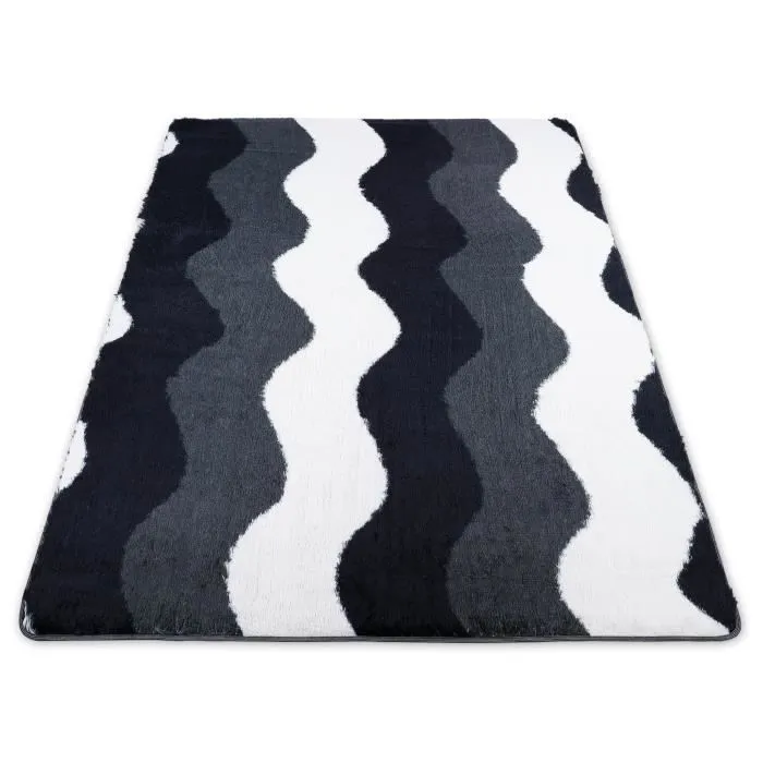 Tapis salon shaggy 120 x 160 cm - descente de lit chambre grande taille tapis poils longs moderne Vagues noires blanches grises-0