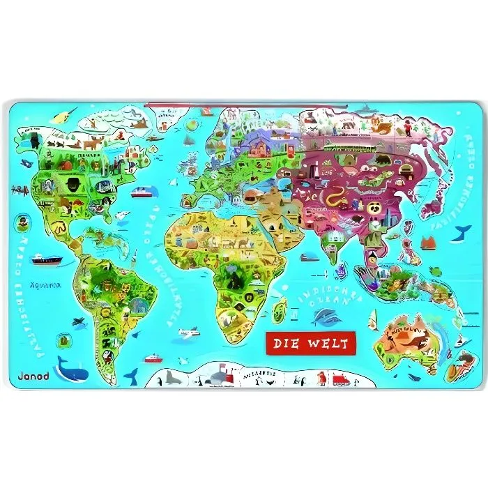 Puzzle magnétique du monde JANOD - 92 pièces en bois - Version allemande-0