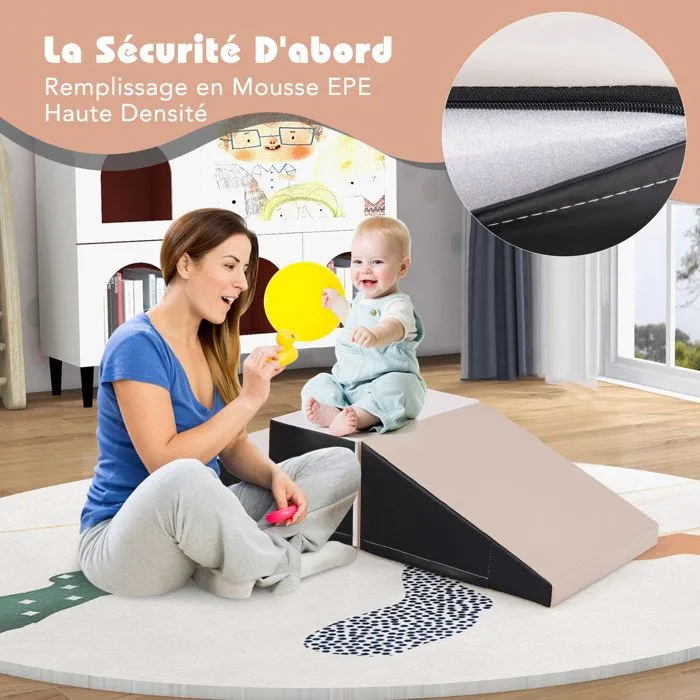 2PCS Module Motricité Bébé en Mousse COSTWAY-Bloc de Construction Housse PU Imperméable & Amovible-Attache Auto-aggrippant-Gris-1