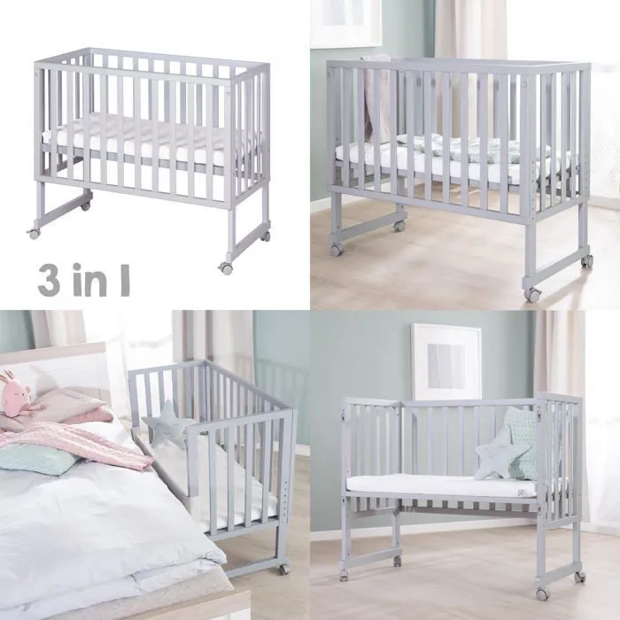 ROBA Berceau Cododo 3en1 Réglable "safe asleep®" 90 x 45 cm + Matelas + Barrière et 4 Roulettes avec Freins - Bois Laqué Taupe-1