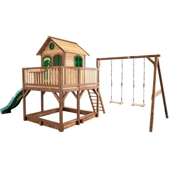AXI Liam Maison Enfant avec Bac à Sable, Balançoire 2 Agrès & Toboggan vert | Aire de Jeux pour l'extérieur en marron & vert-0