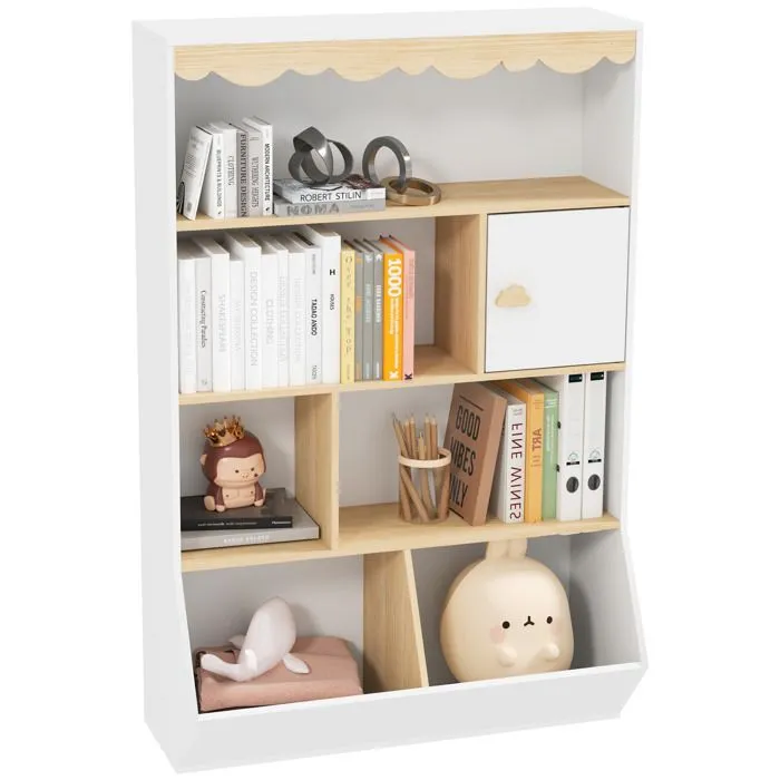 Bibliothèque enfant AIYAPLAY rangement livre enfant meuble de rangement pour jouets avec 4 étagères, 2 casiers et placard, blanc-0