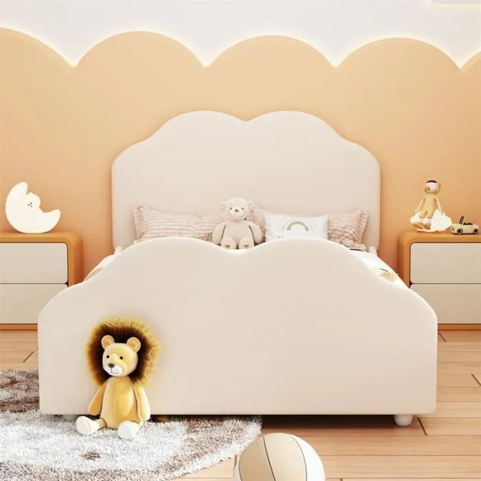 Lit enfant - DREAMMESPACE - Modèle nuage - 90 x 200 cm - Velours beige - Capacité 150 kg-2