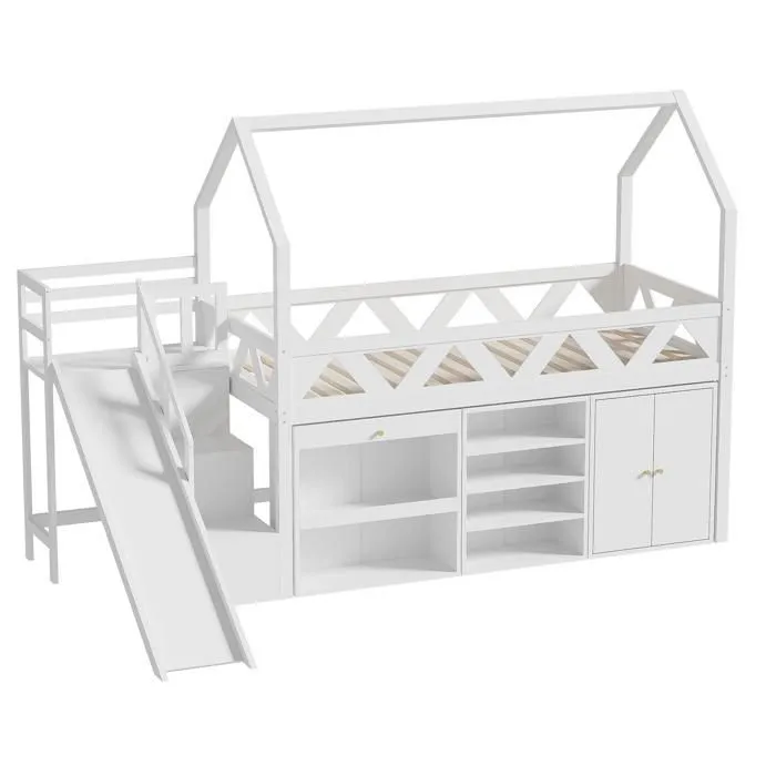Lit mezzanine - Blanc - 90x200 cm - avec toboggan et escalier - rangement intégré - bois massif-3